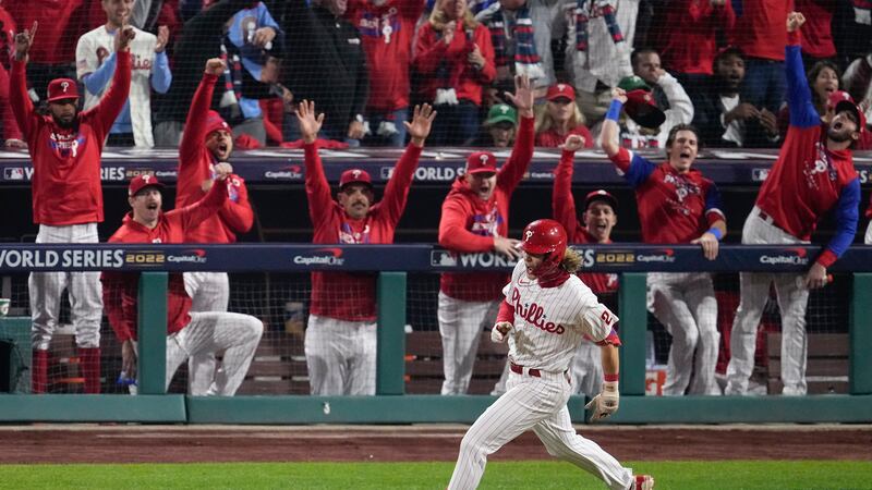 Philadelphia Phillies' Alec Bohm celebrates his home run during the second inning in Game 3 of...