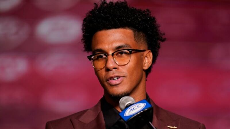 Florida State quarterback Jordan Travis speaks during the Atlantic Coast Conference NCAA...