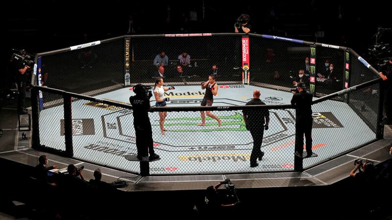 during a UFC 249 mixed martial arts bout Saturday, May 9, 2020, in Jacksonville, Fla. (AP...