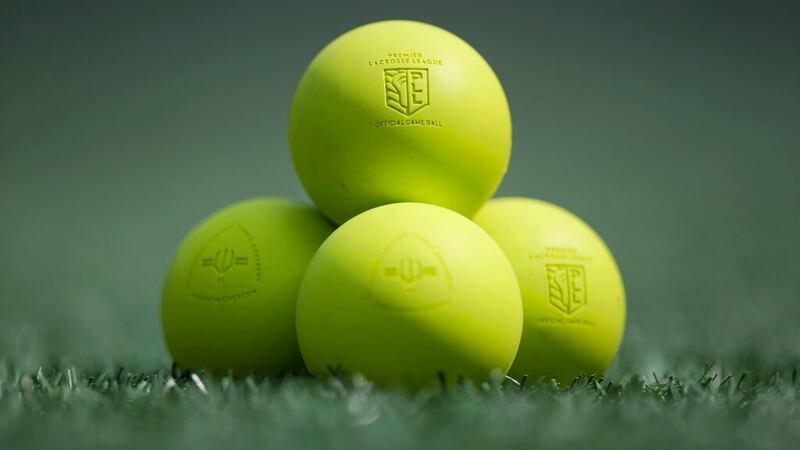 A pyramid of game balls on the field prior to a Premier Lacrosse League game on Sunday, June...