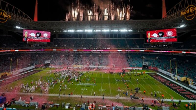 Alabama celebrates after their win against Ohio State in an NCAA College Football Playoff...