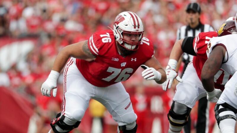 Wisconsin's Kayden Lyles is seen during the first half of an NCAA college football game...