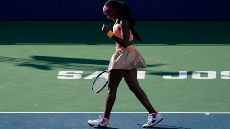 Coco Gauff, of the United States, reacts after a score during a match against Paula Badosa, of...