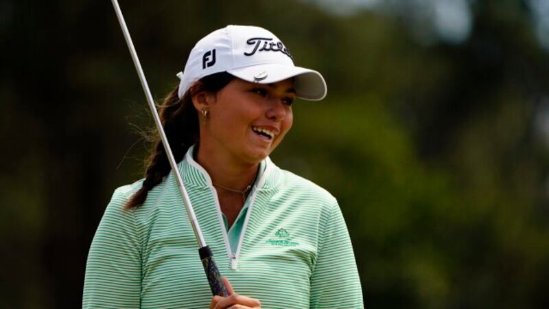 Alexa Pano reacts after missing a putt on the 18th hole during the final round of the Augusta...
